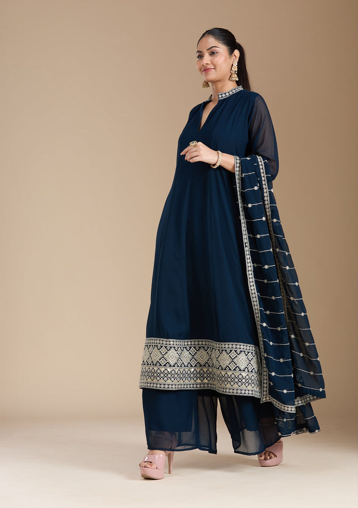 Teal Green Zariwork (Gold) Georgette Readymade Salwar Suit_koskii