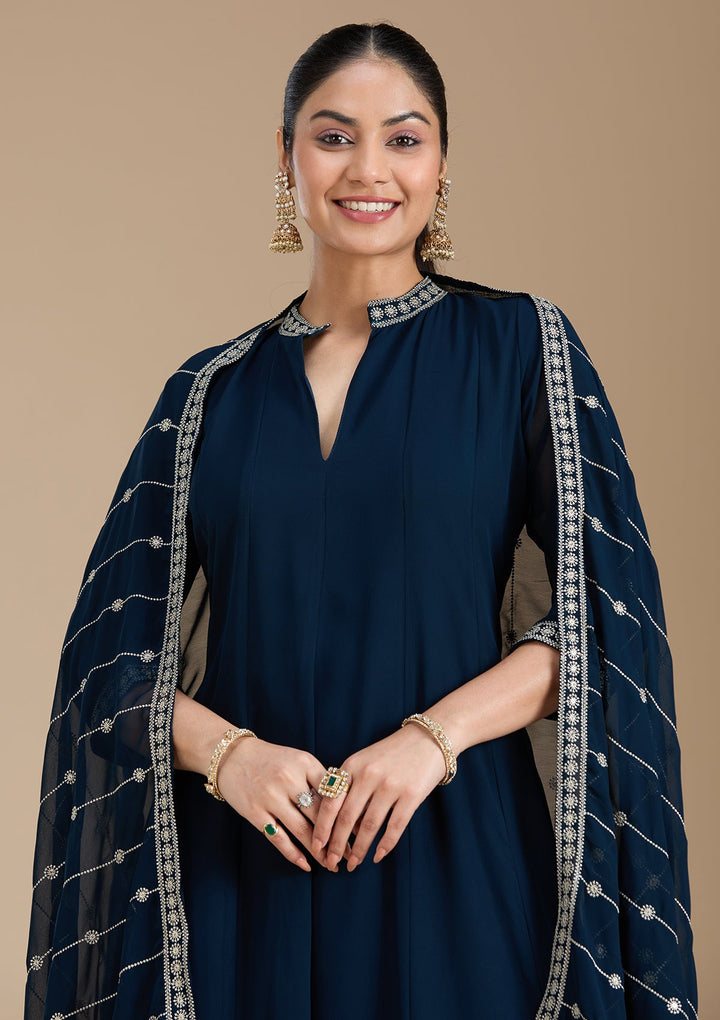Teal Green Zariwork (Gold) Georgette Readymade Salwar Suit_koskii