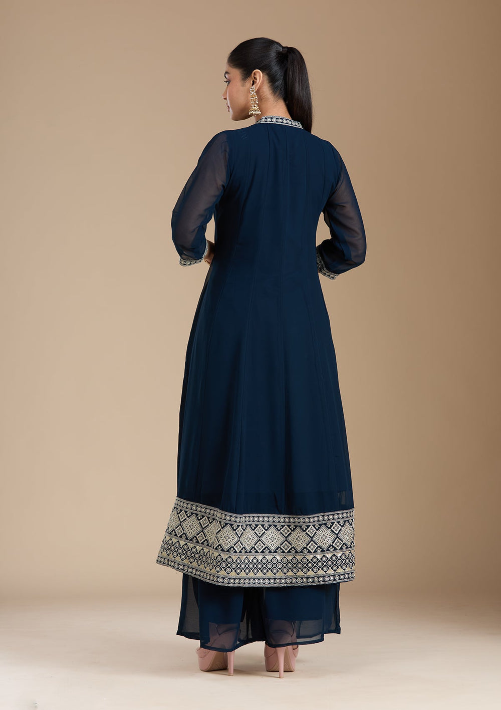 Teal Green Zariwork (Gold) Georgette Readymade Salwar Suit_koskii