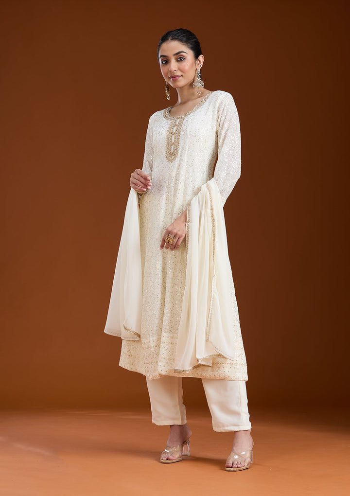 White Sequins Georgette Readymade Salwar Suit