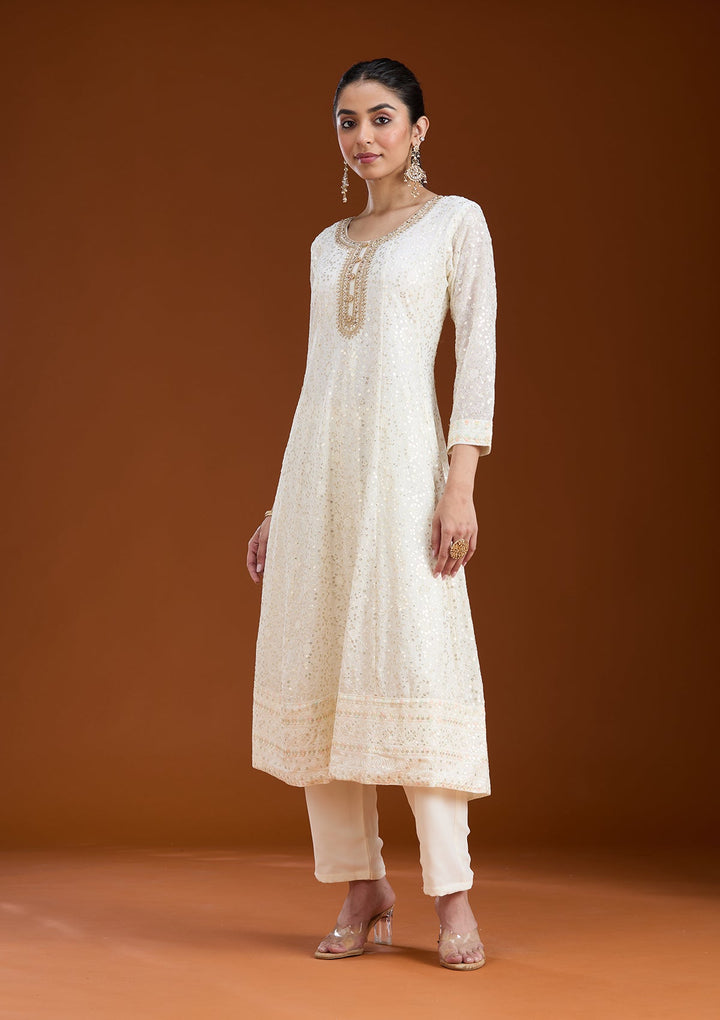 White Sequins Georgette Readymade Salwar Suit-koskii