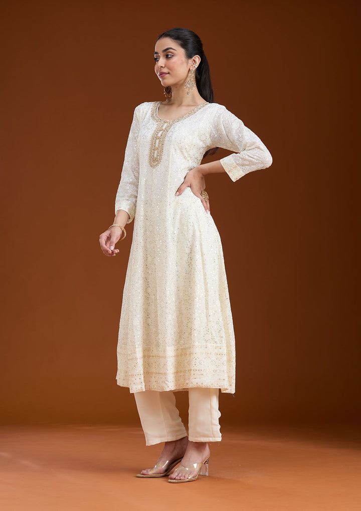 White Sequins Georgette Readymade Salwar Suit-koskii