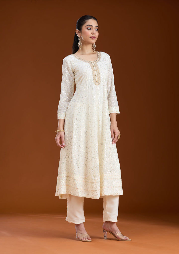 White Sequins Georgette Readymade Salwar Suit