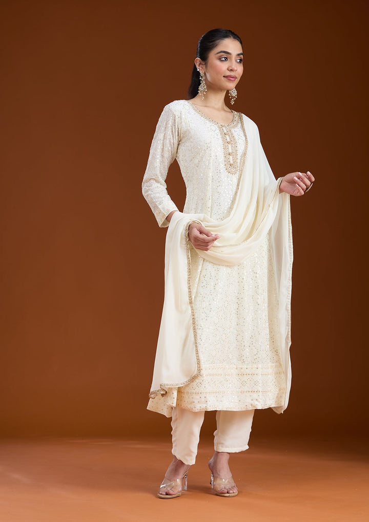 White Sequins Georgette Readymade Salwar Suit-koskii