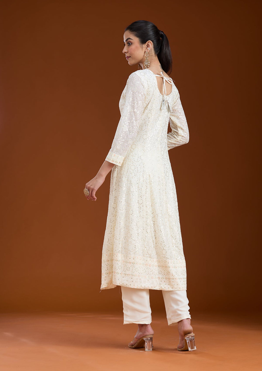 White Sequins Georgette Readymade Salwar Suit-koskii