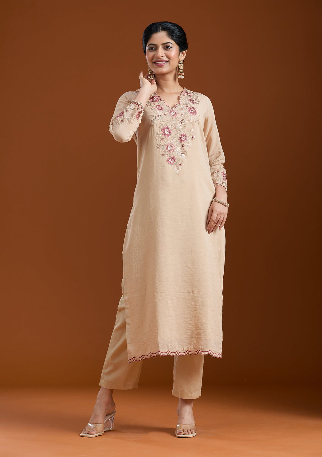 Beige Threadwork Chanderi Readymade Salwar Suit-Koskii