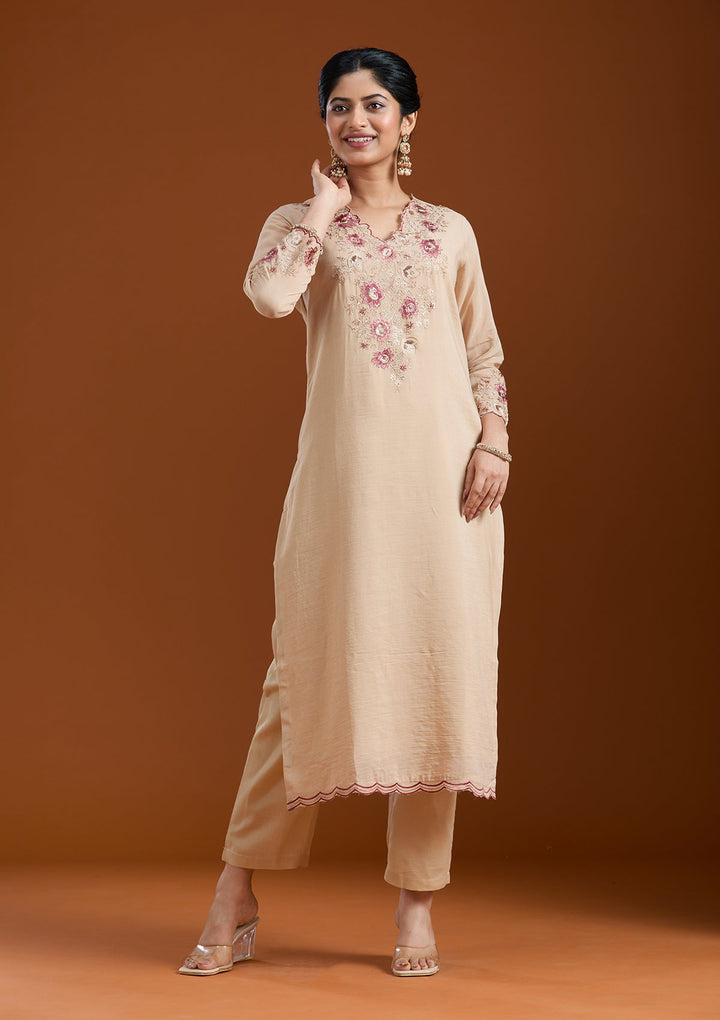 Beige Threadwork Chanderi Readymade Salwar Suit-Koskii