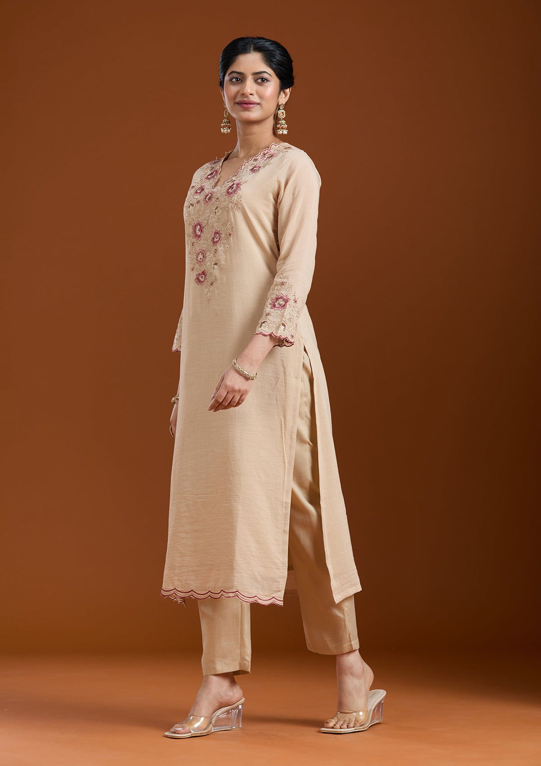 Beige Threadwork Chanderi Readymade Salwar Suit-Koskii
