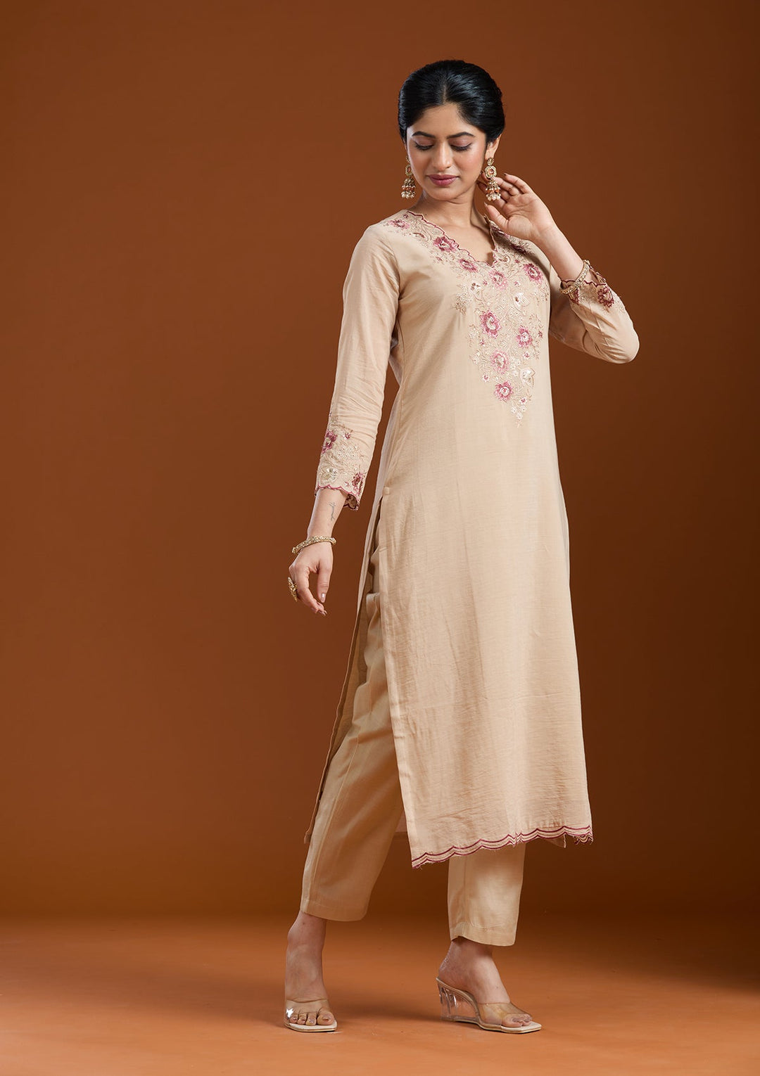 Beige Threadwork Chanderi Readymade Salwar Suit-Koskii