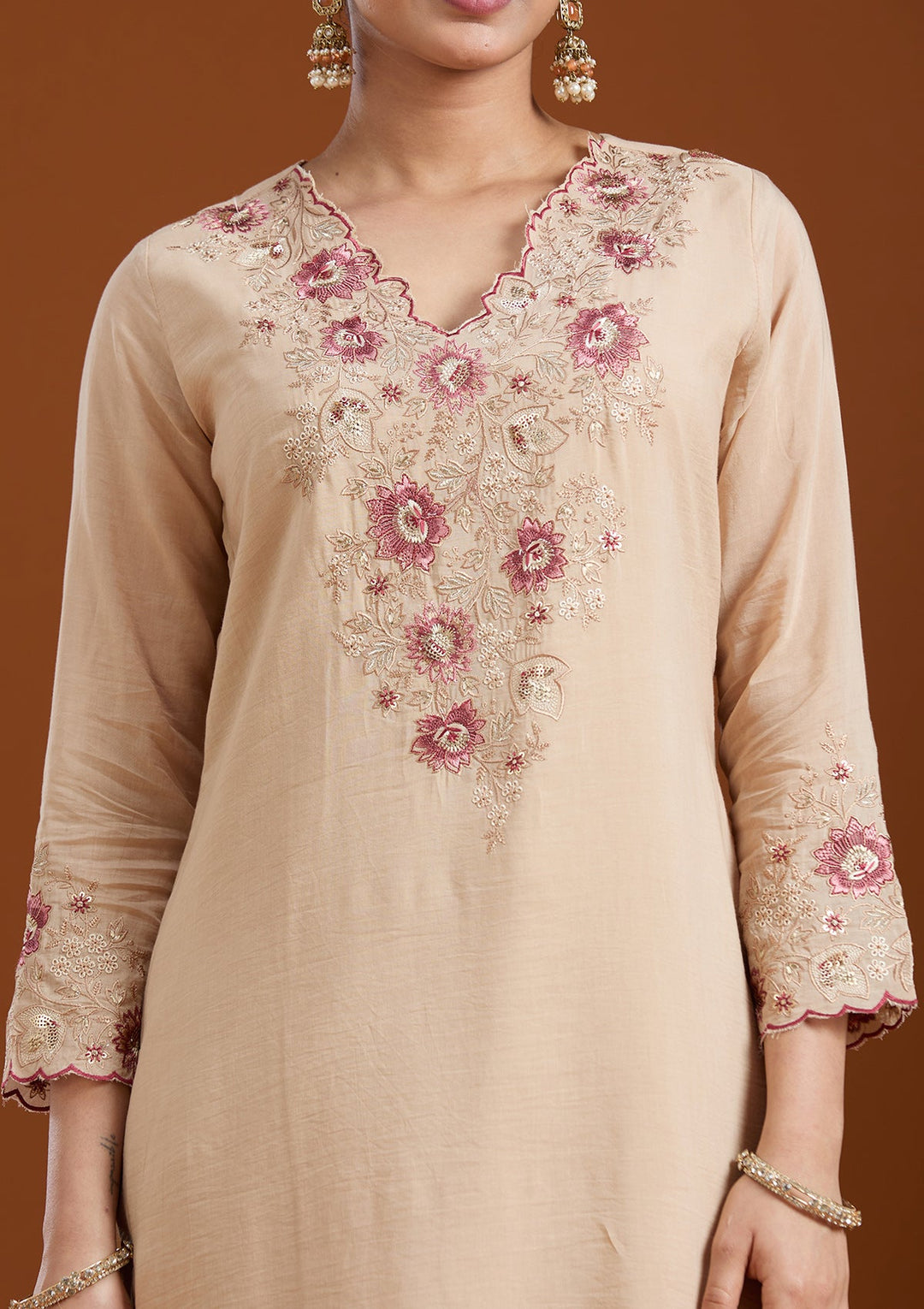 Beige Threadwork Chanderi Readymade Salwar Suit-Koskii