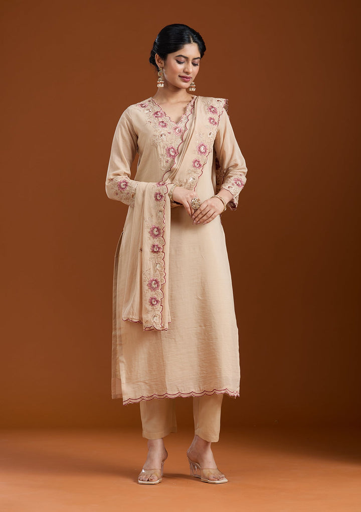 Beige Threadwork Chanderi Readymade Salwar Suit-Koskii