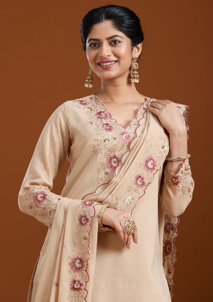Beige Threadwork Chanderi Readymade Salwar Suit-Koskii