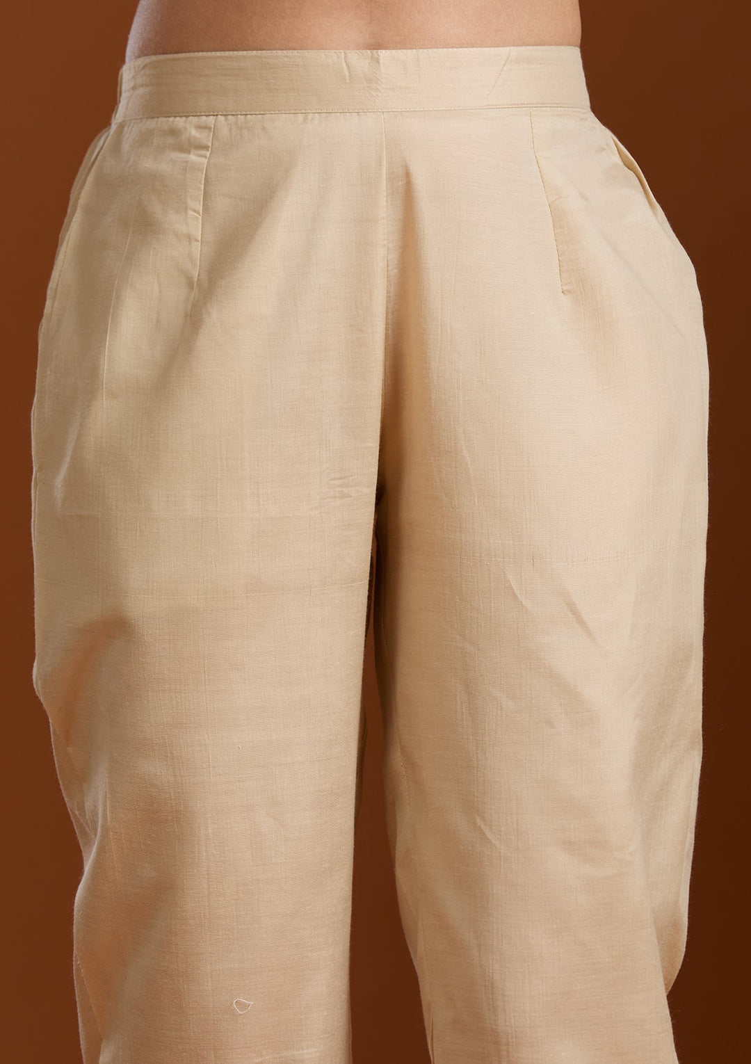 Beige Threadwork Chanderi Readymade Salwar Suit-Koskii