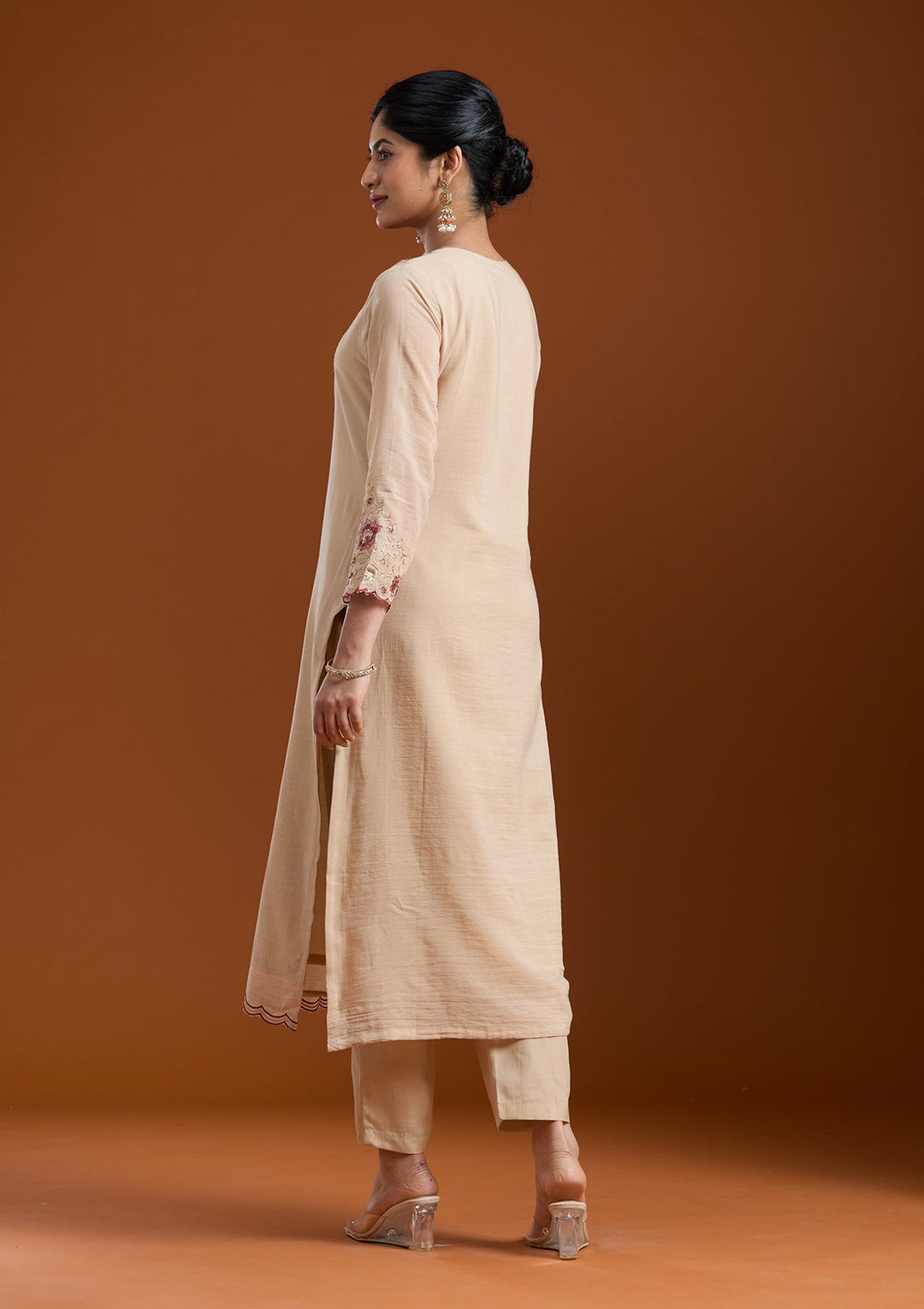 Beige Threadwork Chanderi Readymade Salwar Suit-Koskii