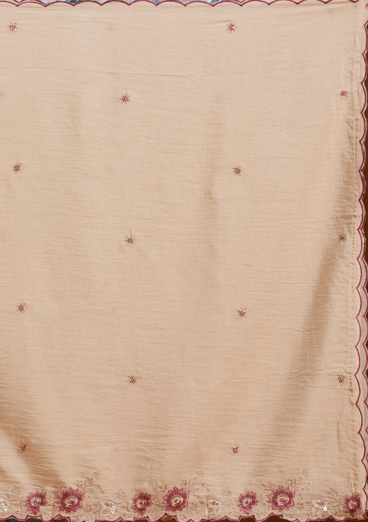 Beige Threadwork Chanderi Readymade Salwar Suit-Koskii