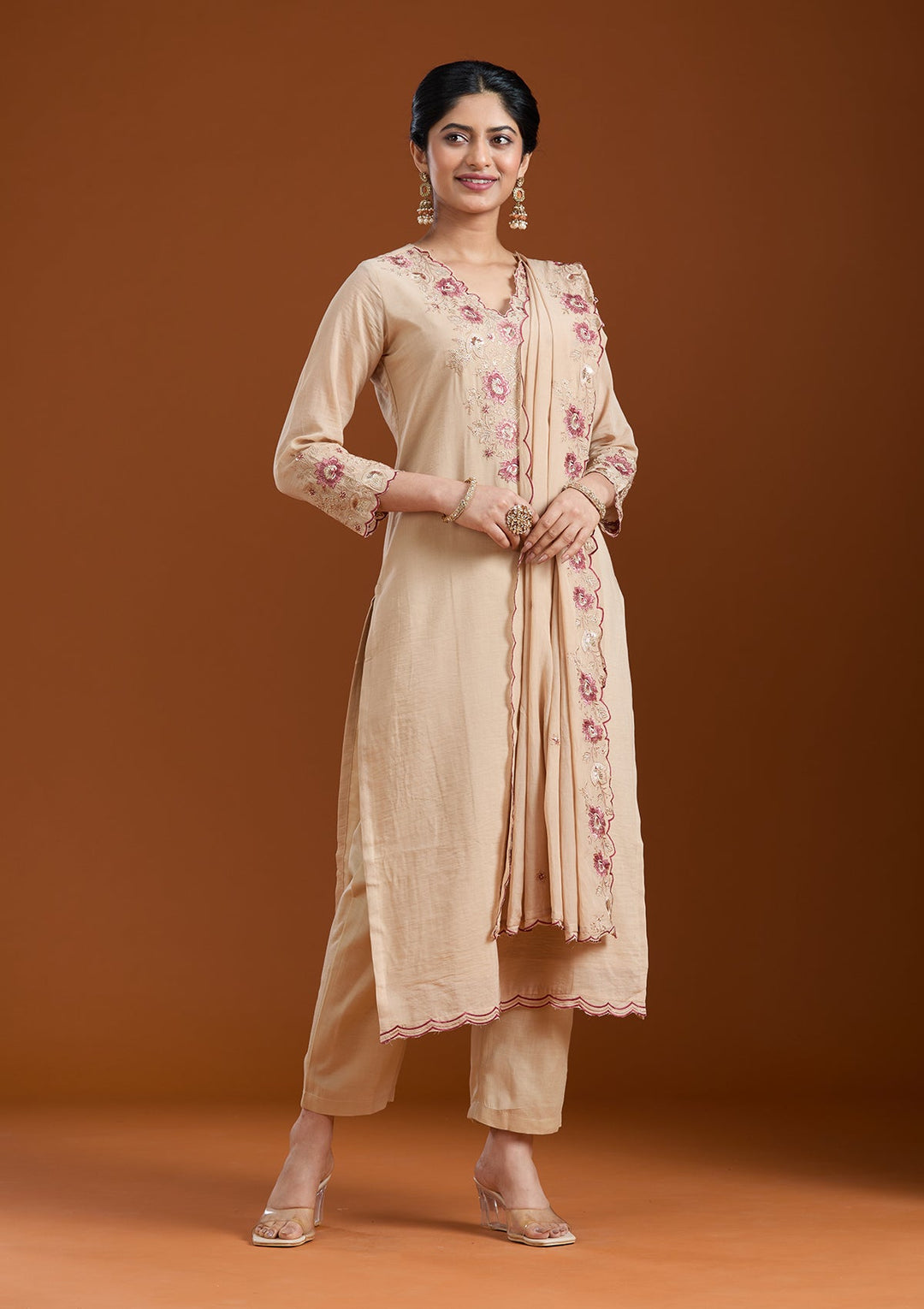 Beige Threadwork Chanderi Readymade Salwar Suit-Koskii