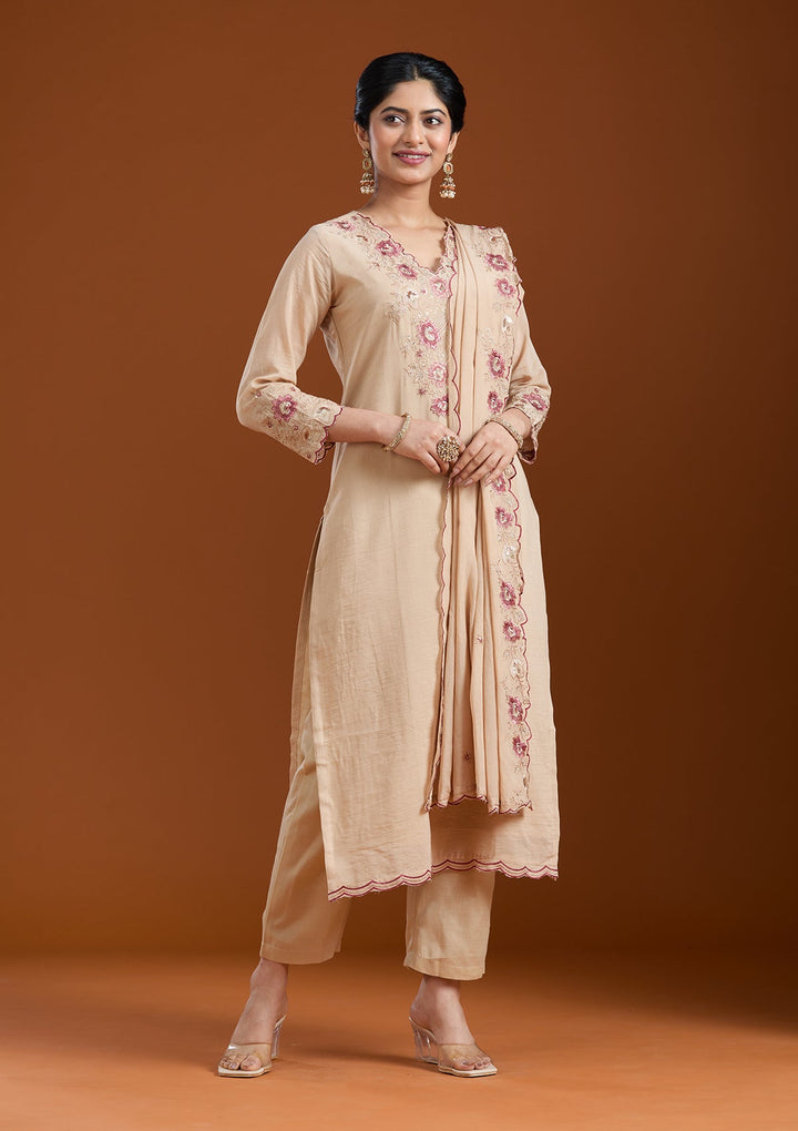 Beige Threadwork Chanderi Readymade Salwar Suit-Koskii