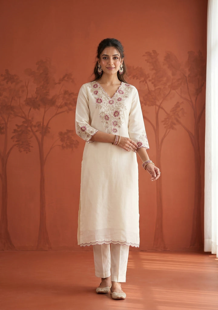 Cream Threadwork Chanderi Readymade Salwar Suit