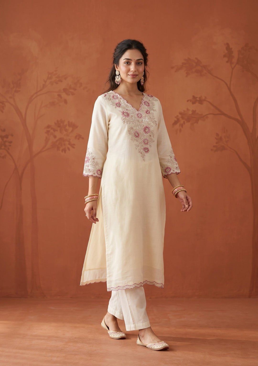Cream Threadwork Chanderi Readymade Salwar Suit