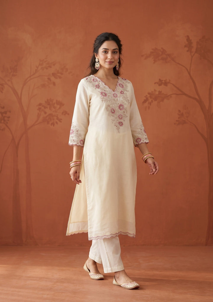 Cream Threadwork Chanderi Readymade Salwar Suit
