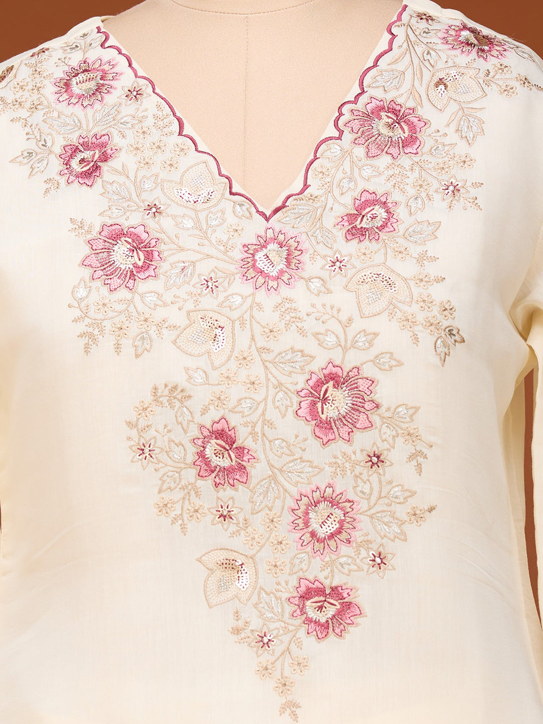 Cream Threadwork Chanderi Readymade Salwar Suit