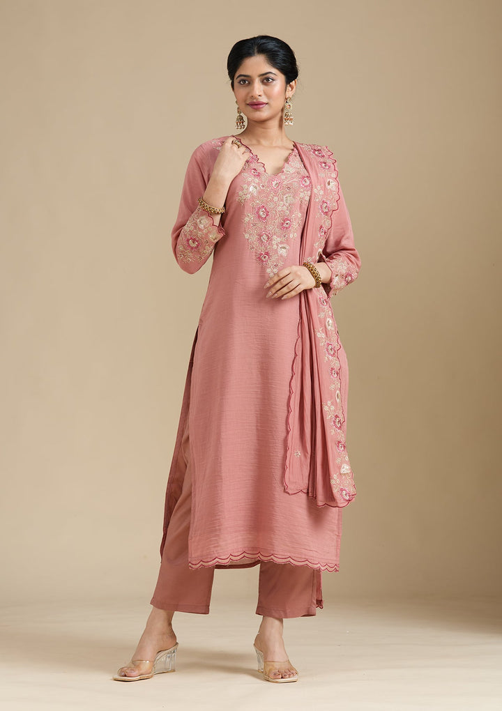 Rust Threadwork Chanderi Readymade Salwar Suit-Koskii