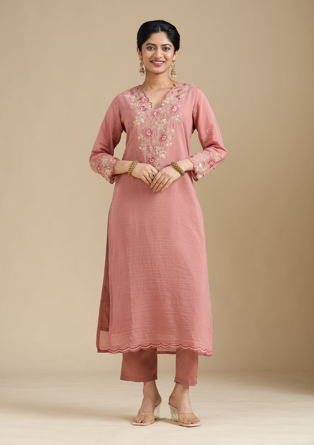 Rust Threadwork Chanderi Readymade Salwar Suit-Koskii