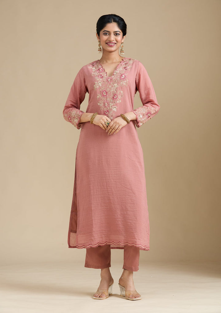 Rust Threadwork Chanderi Readymade Salwar Suit-Koskii