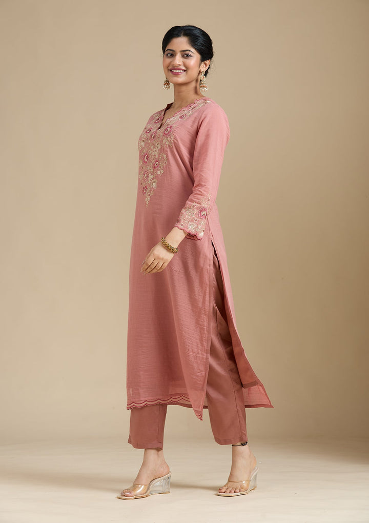 Rust Threadwork Chanderi Readymade Salwar Suit-Koskii