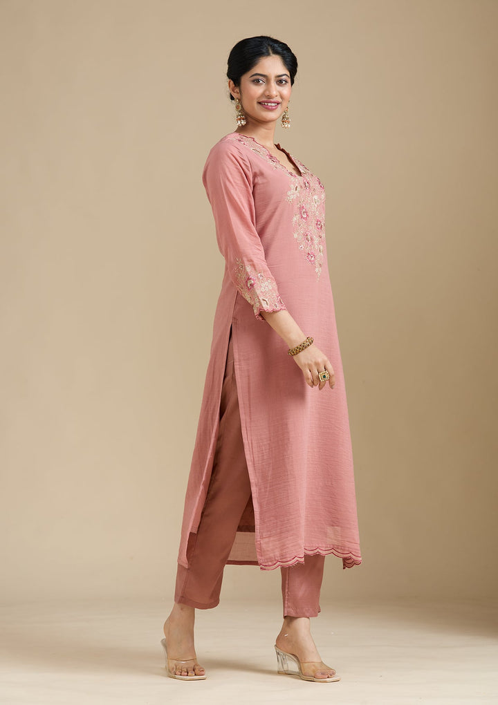 Rust Threadwork Chanderi Readymade Salwar Suit-Koskii