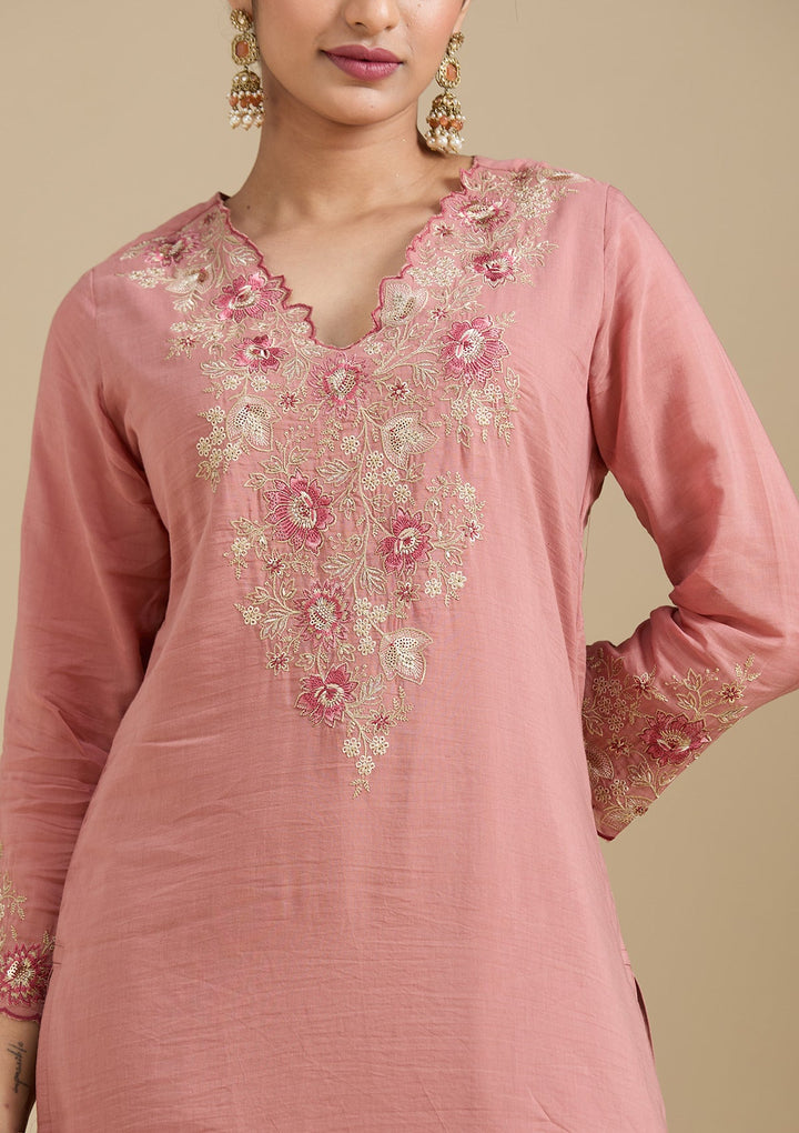 Rust Threadwork Chanderi Readymade Salwar Suit-Koskii