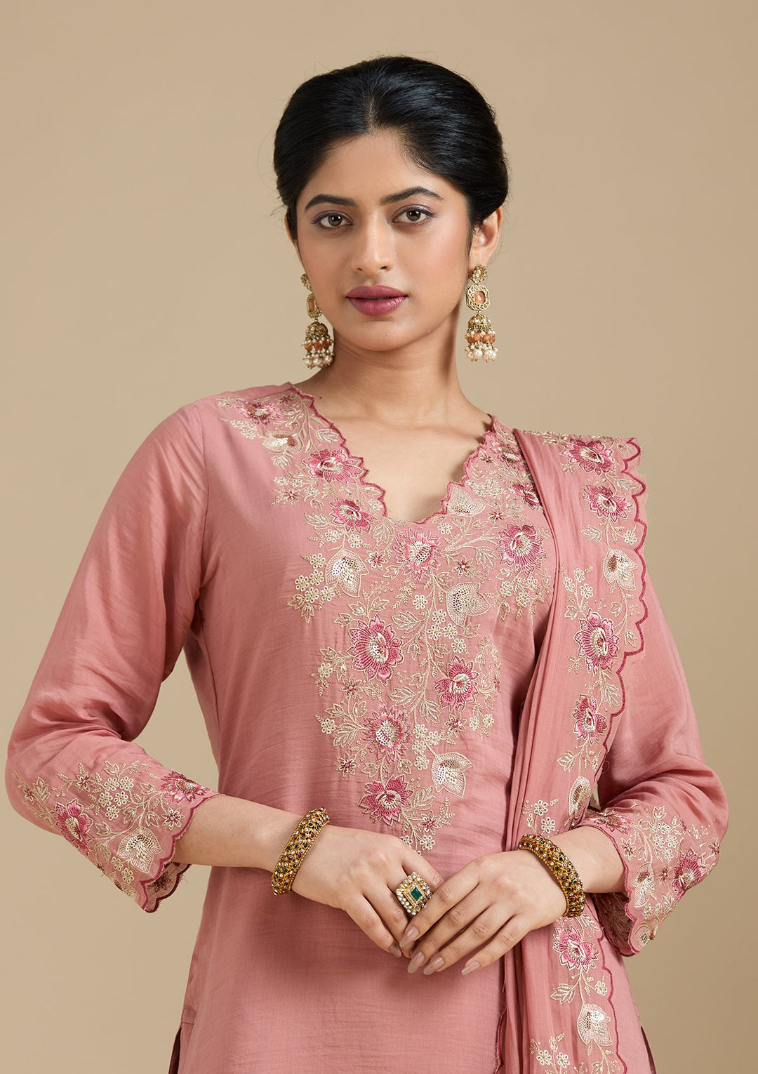 Rust Threadwork Chanderi Readymade Salwar Suit-Koskii