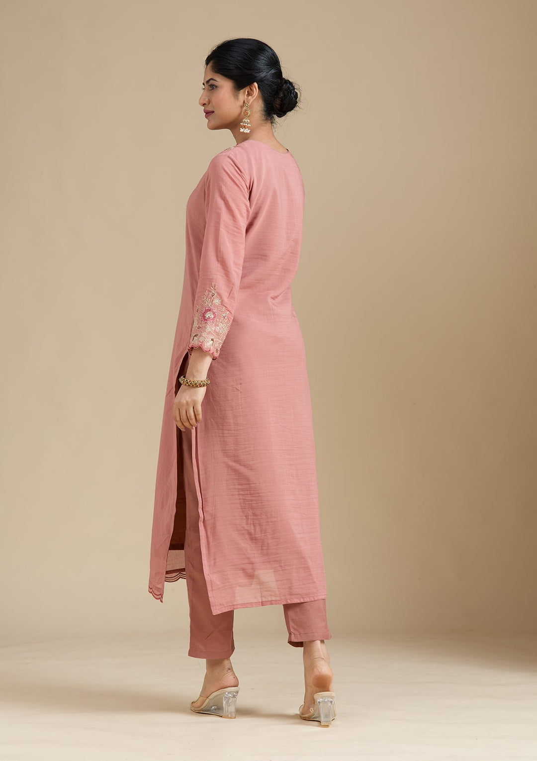 Rust Threadwork Chanderi Readymade Salwar Suit-Koskii