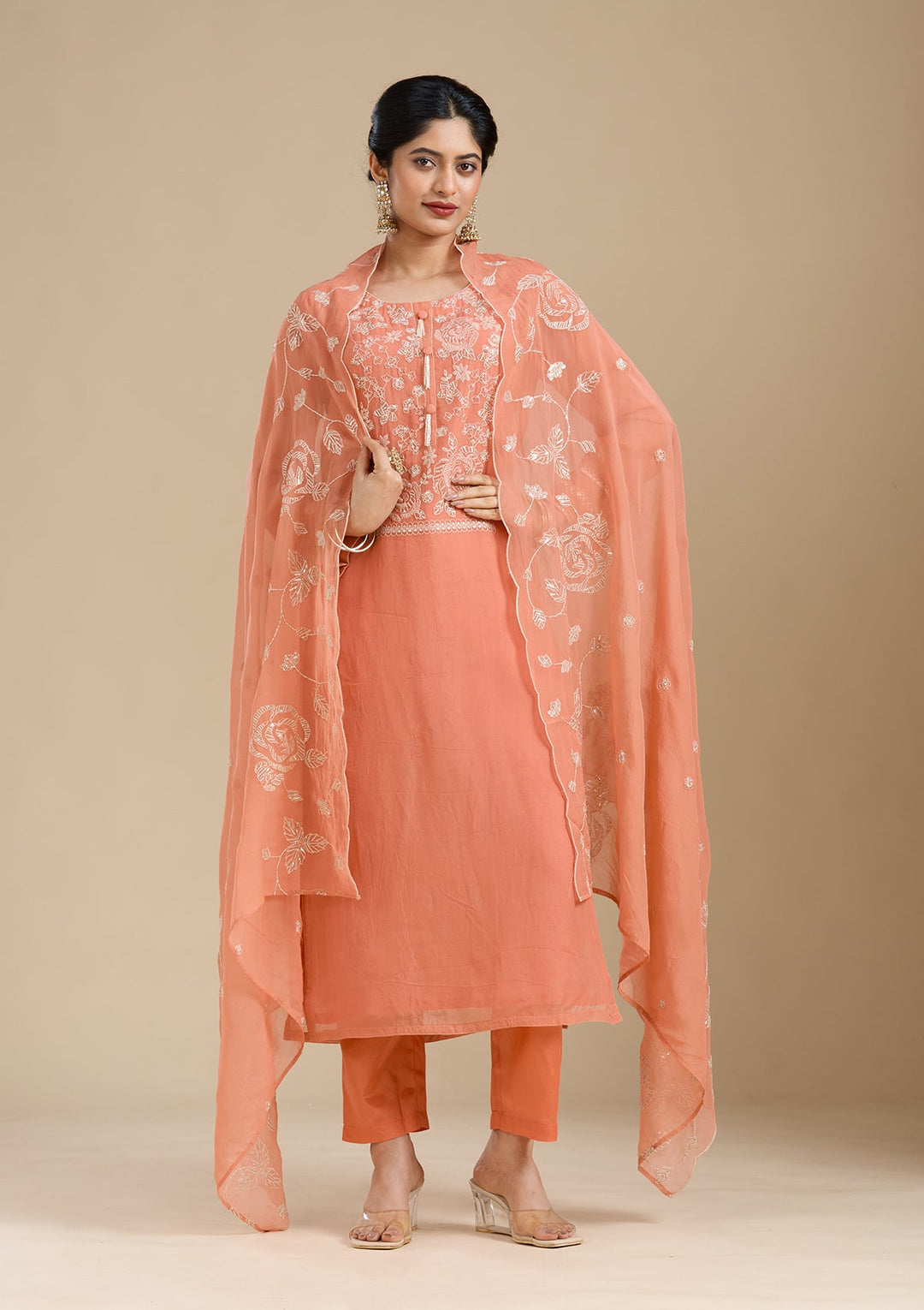 Light Orange Zardozi (Gold) Organza Readymade Salwar Suit-Koskii