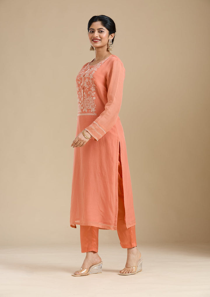 Light Orange Zardozi (Gold) Organza Readymade Salwar Suit-Koskii