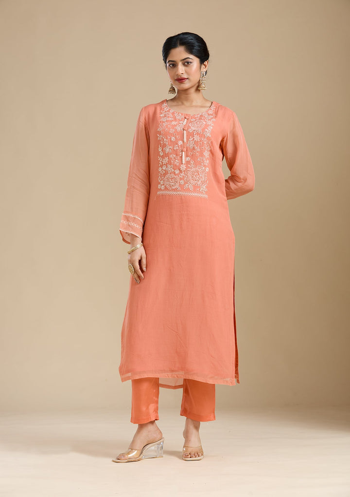 Light Orange Zardozi (Gold) Organza Readymade Salwar Suit-Koskii
