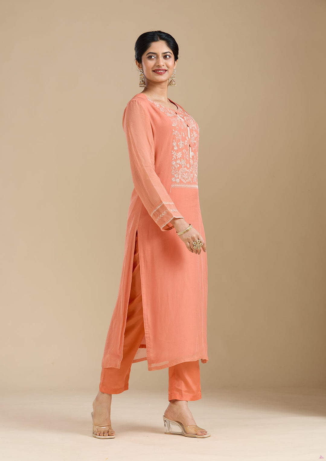 Light Orange Zardozi (Gold) Organza Readymade Salwar Suit-Koskii