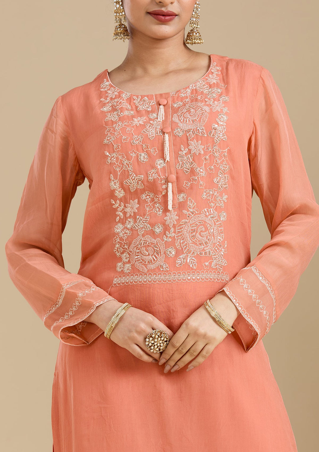 Light Orange Zardozi (Gold) Organza Readymade Salwar Suit-Koskii