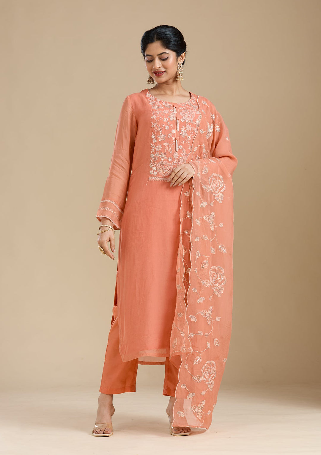 Light Orange Zardozi (Gold) Organza Readymade Salwar Suit-Koskii