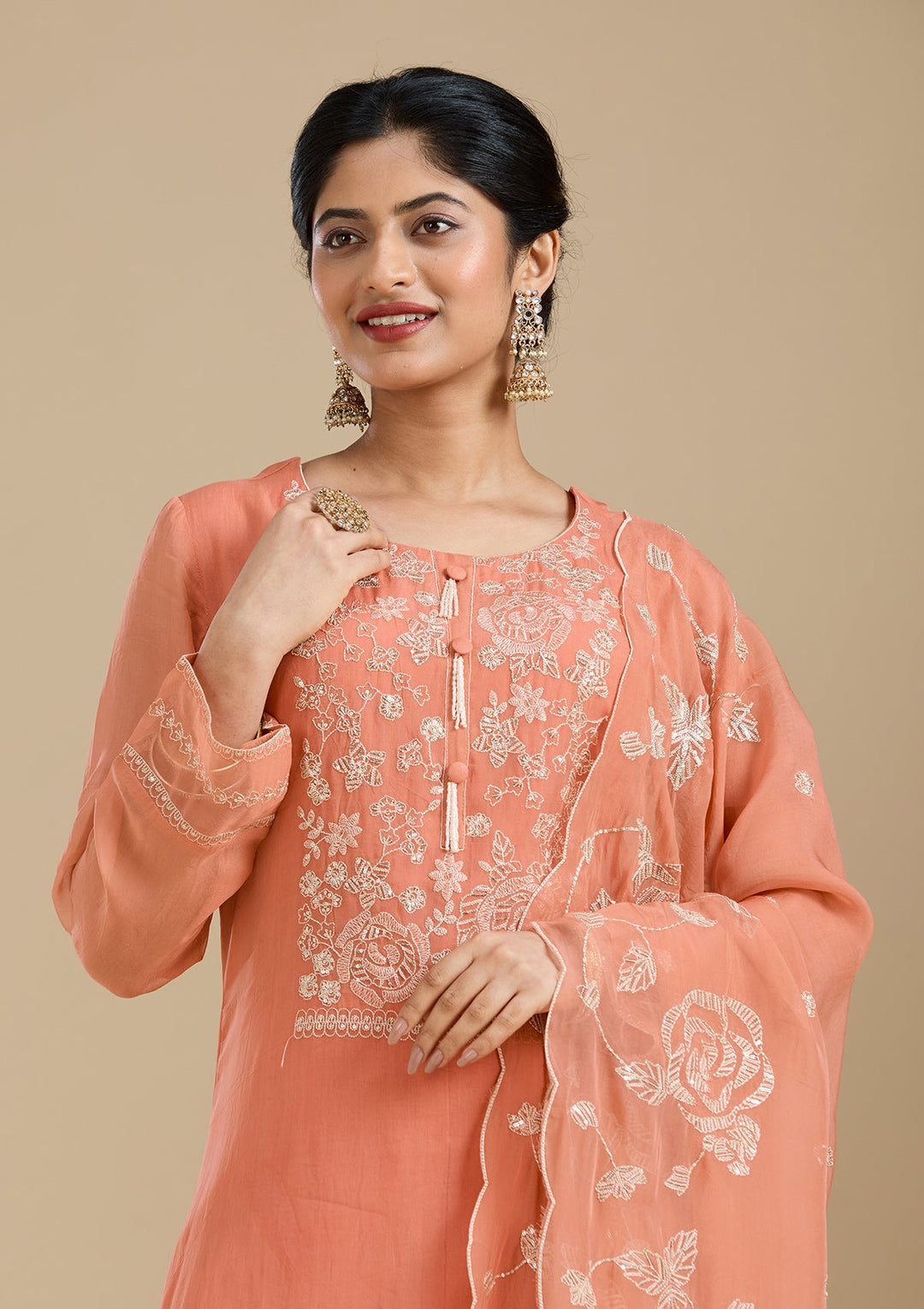 Light Orange Zardozi (Gold) Organza Readymade Salwar Suit-Koskii