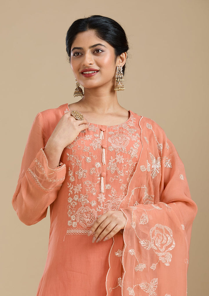 Light Orange Zardozi (Gold) Organza Readymade Salwar Suit-Koskii