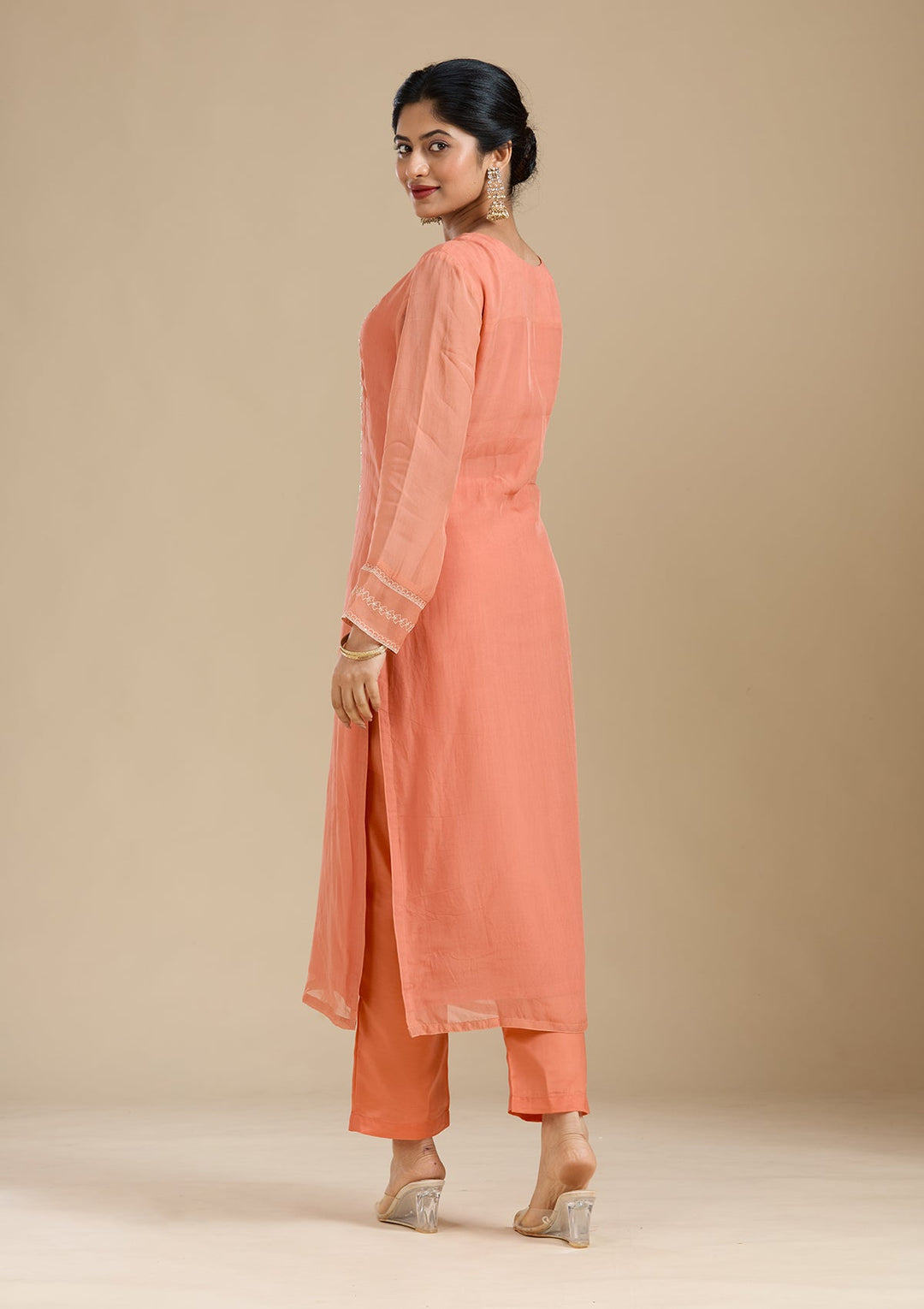 Light Orange Zardozi (Gold) Organza Readymade Salwar Suit-Koskii