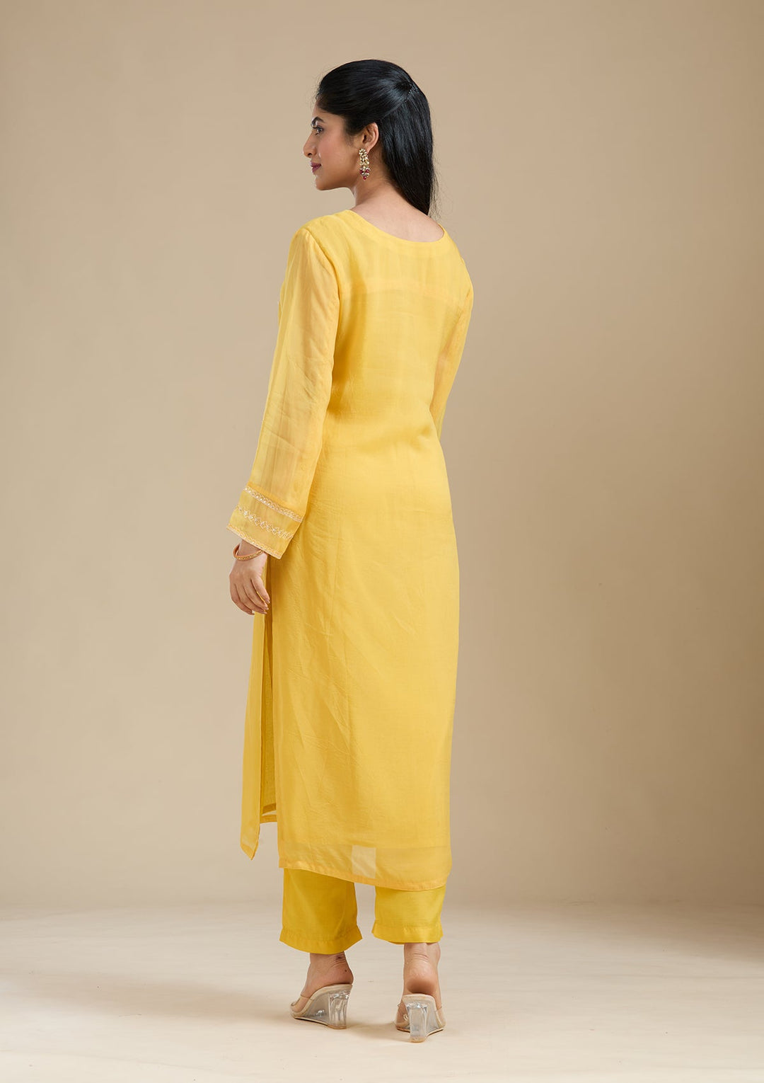 Mustard Yellow Zardozi (Gold) Organza Readymade Salwar Suit-Koskii