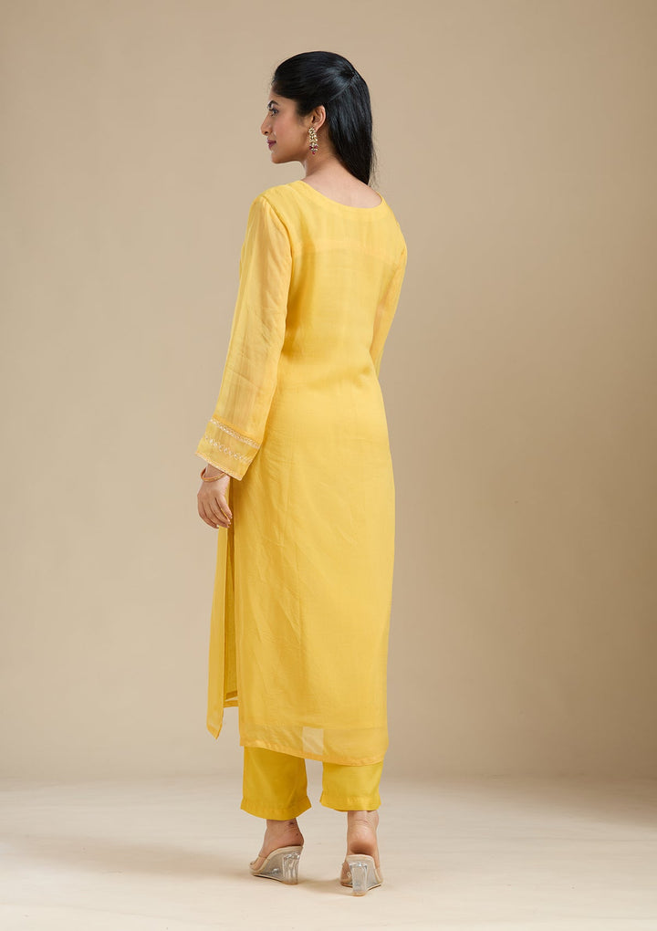 Mustard Yellow Zardozi (Gold) Organza Readymade Salwar Suit-Koskii