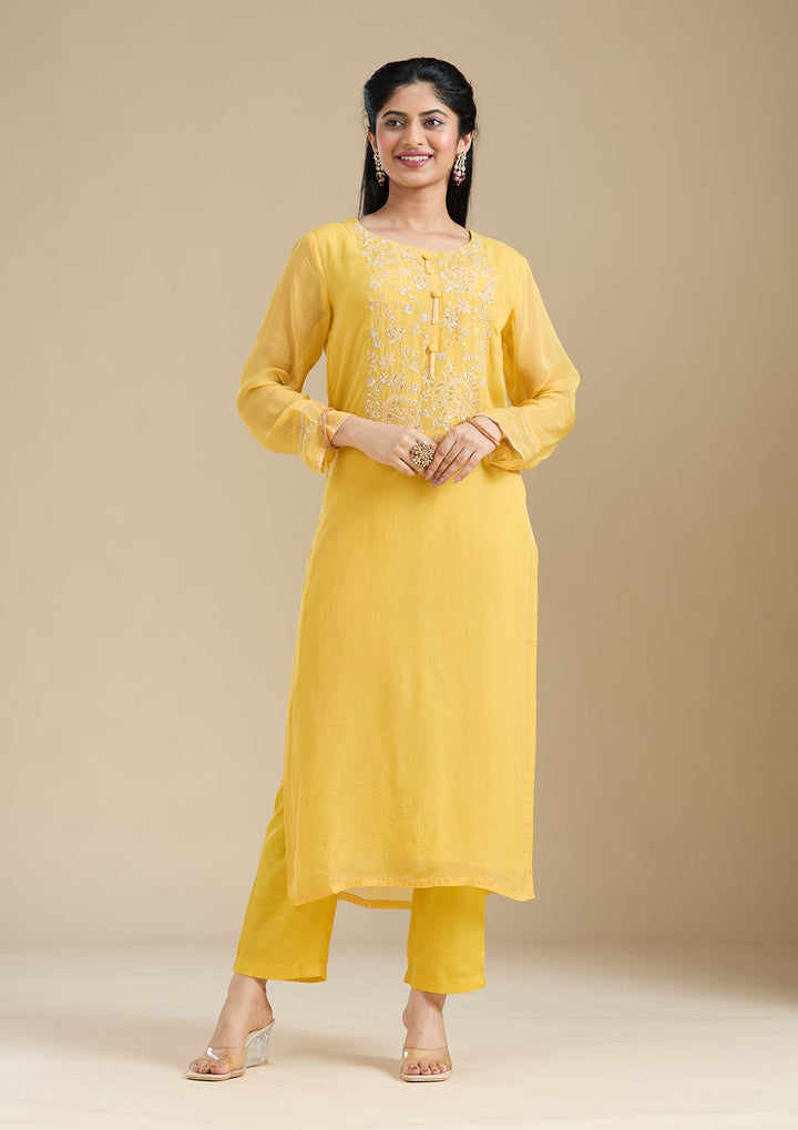 Mustard Yellow Zardozi (Gold) Organza Readymade Salwar Suit-Koskii