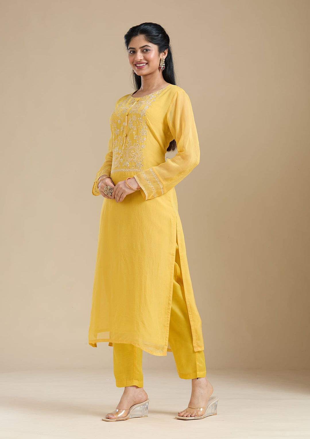 Mustard Yellow Zardozi (Gold) Organza Readymade Salwar Suit-Koskii
