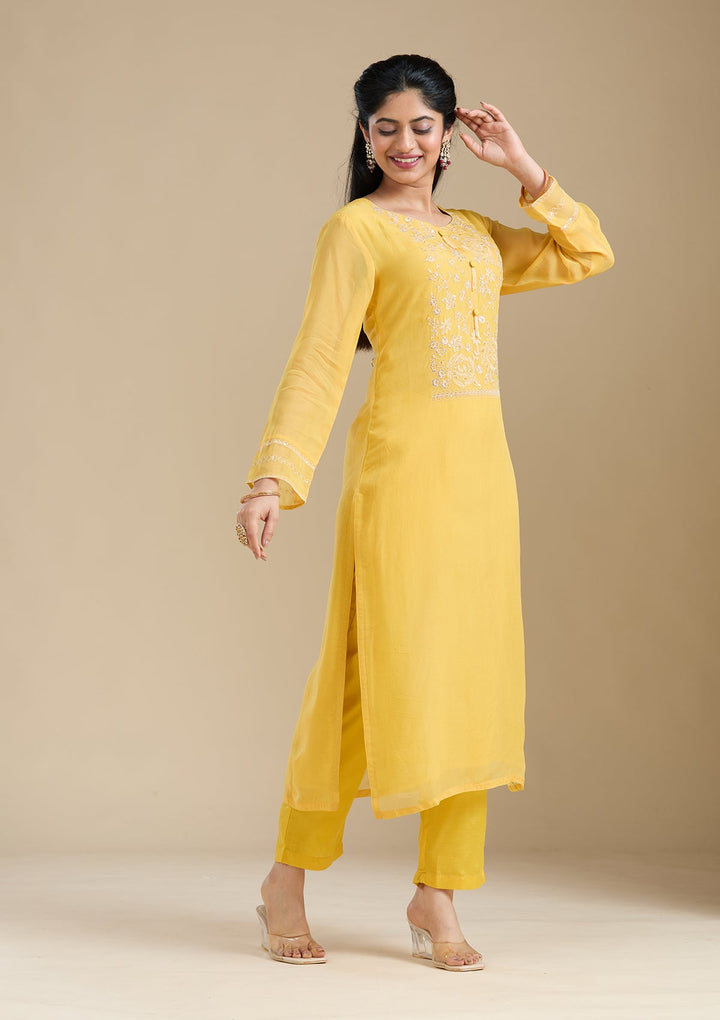 Mustard Yellow Zardozi (Gold) Organza Readymade Salwar Suit-Koskii