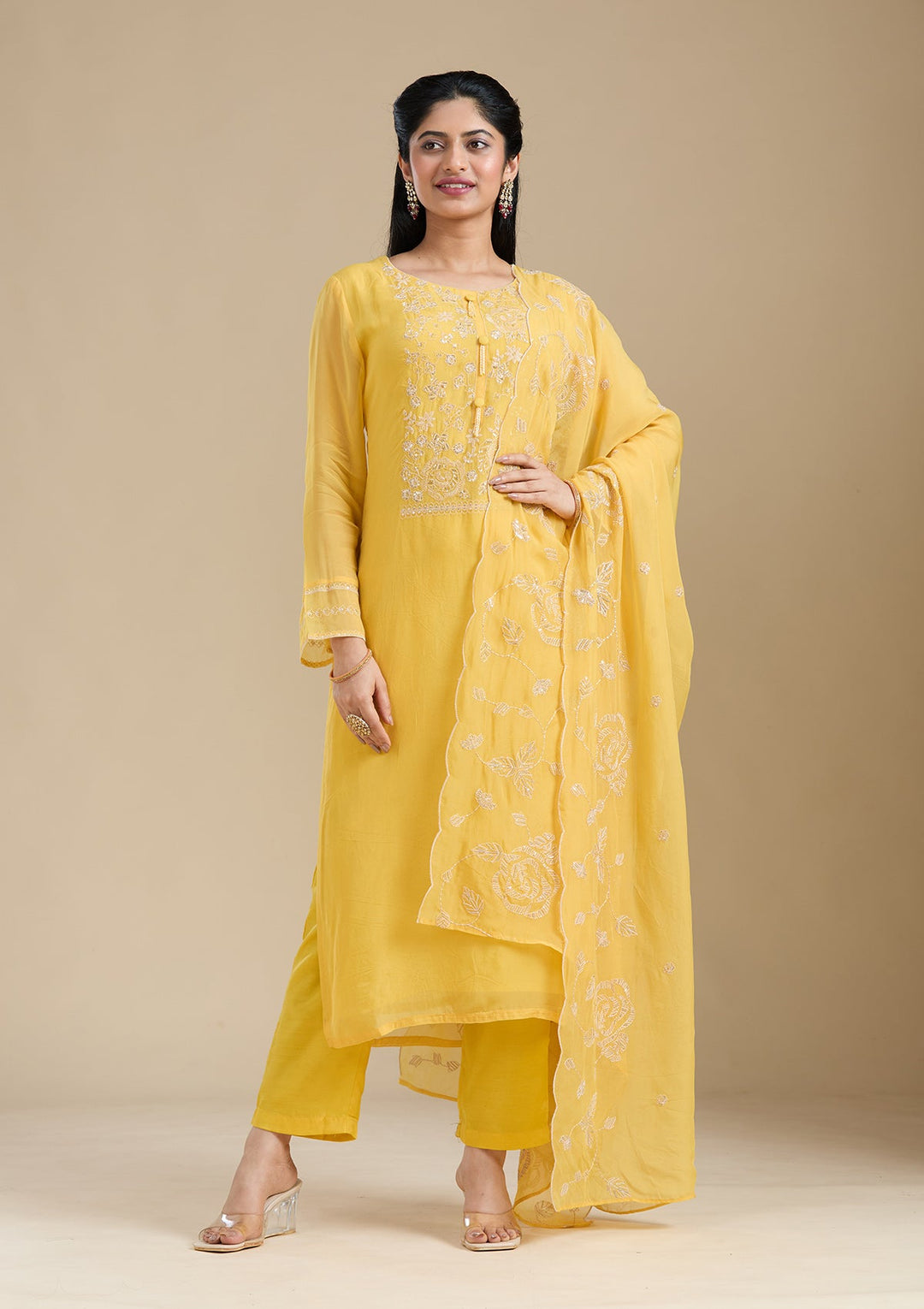 Mustard Yellow Zardozi (Gold) Organza Readymade Salwar Suit-Koskii