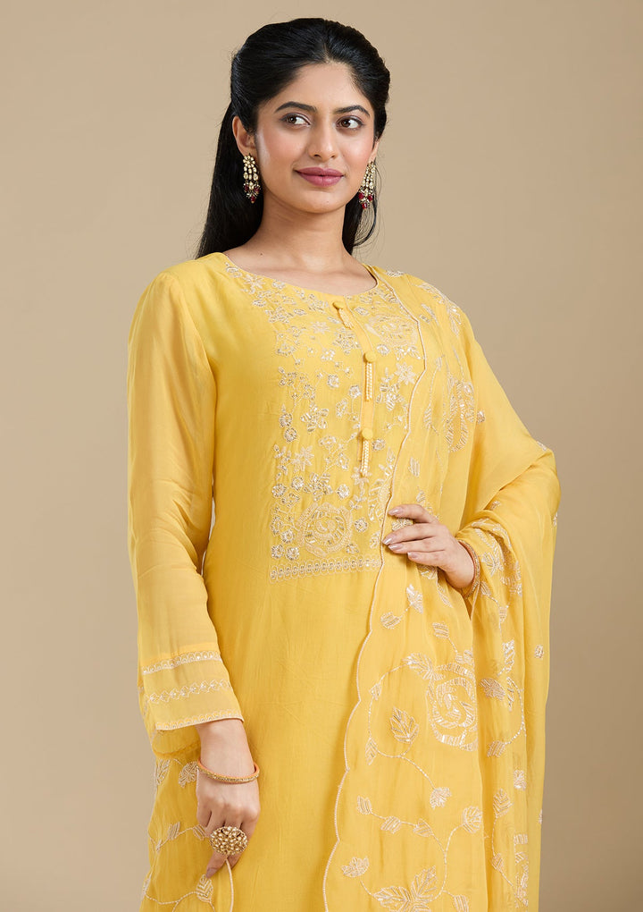 Mustard Yellow Zardozi (Gold) Organza Readymade Salwar Suit-Koskii