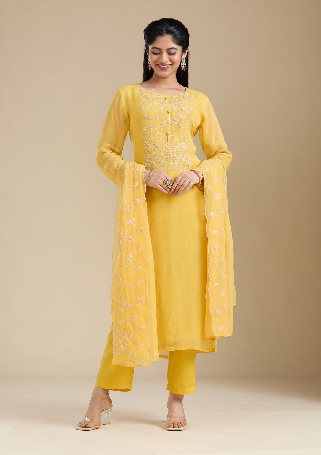 Mustard Yellow Zardozi (Gold) Organza Readymade Salwar Suit-Koskii